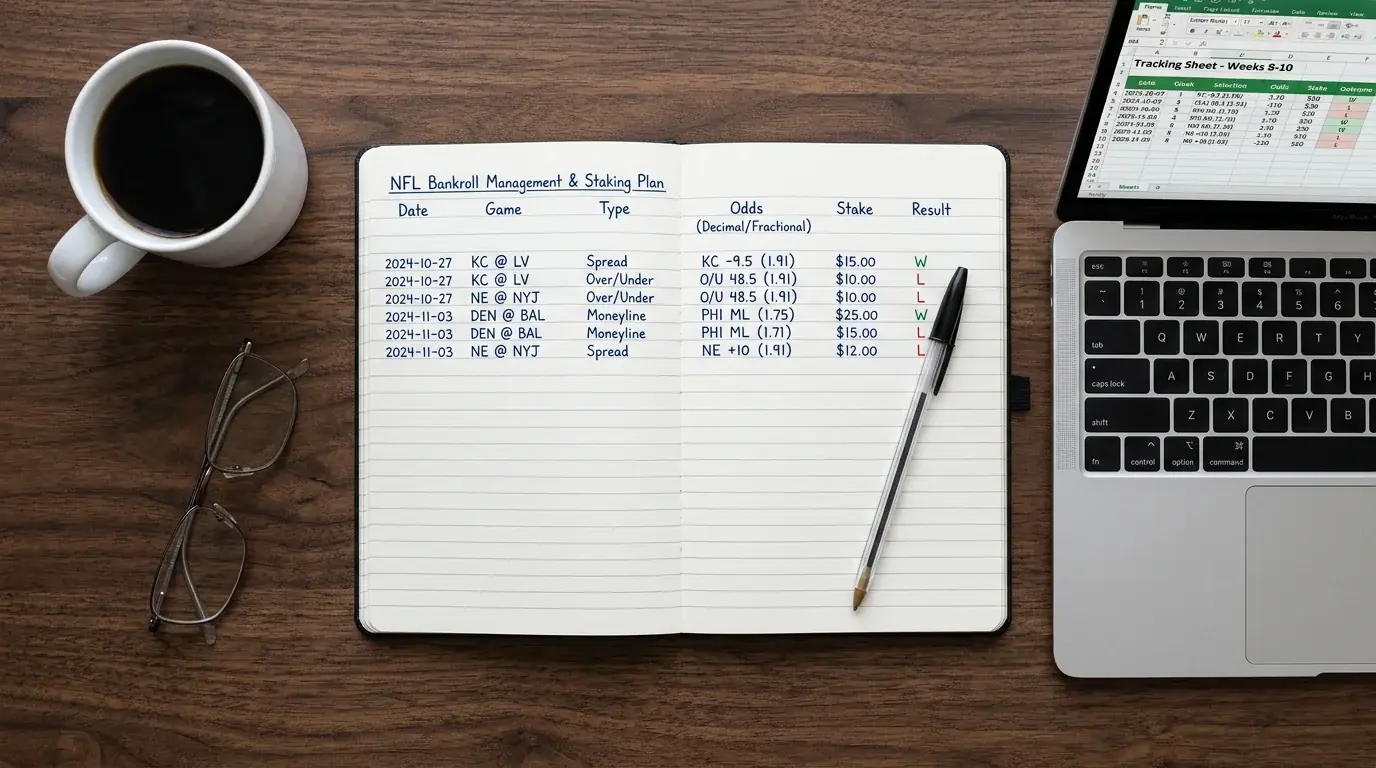 Open notebook with a structured NFL betting log showing columns for date, game, stake and result next to a pen