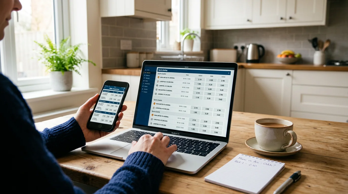 Person using a laptop and smartphone to compare NFL odds across multiple UK bookmaker platforms