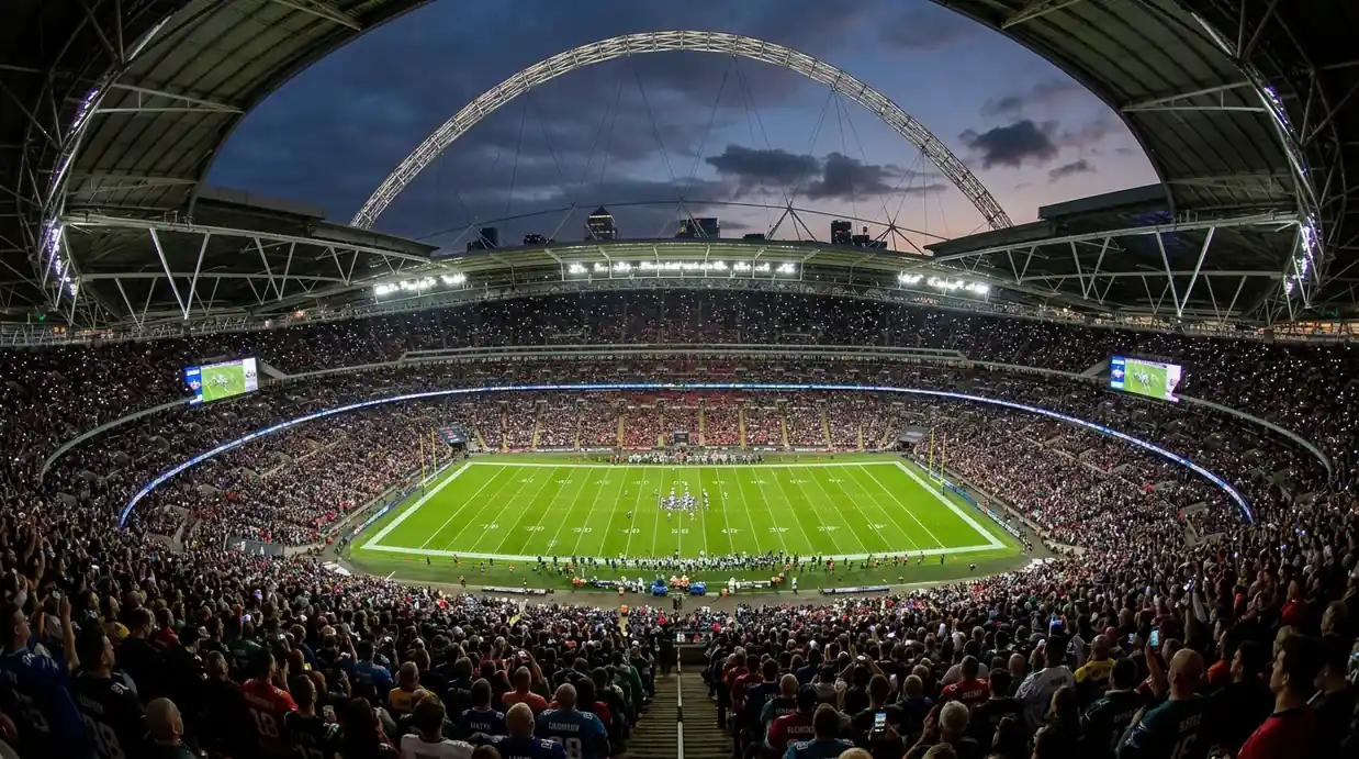 Packed Wembley Stadium during an NFL London Game with fans in team jerseys filling every tier under floodlights